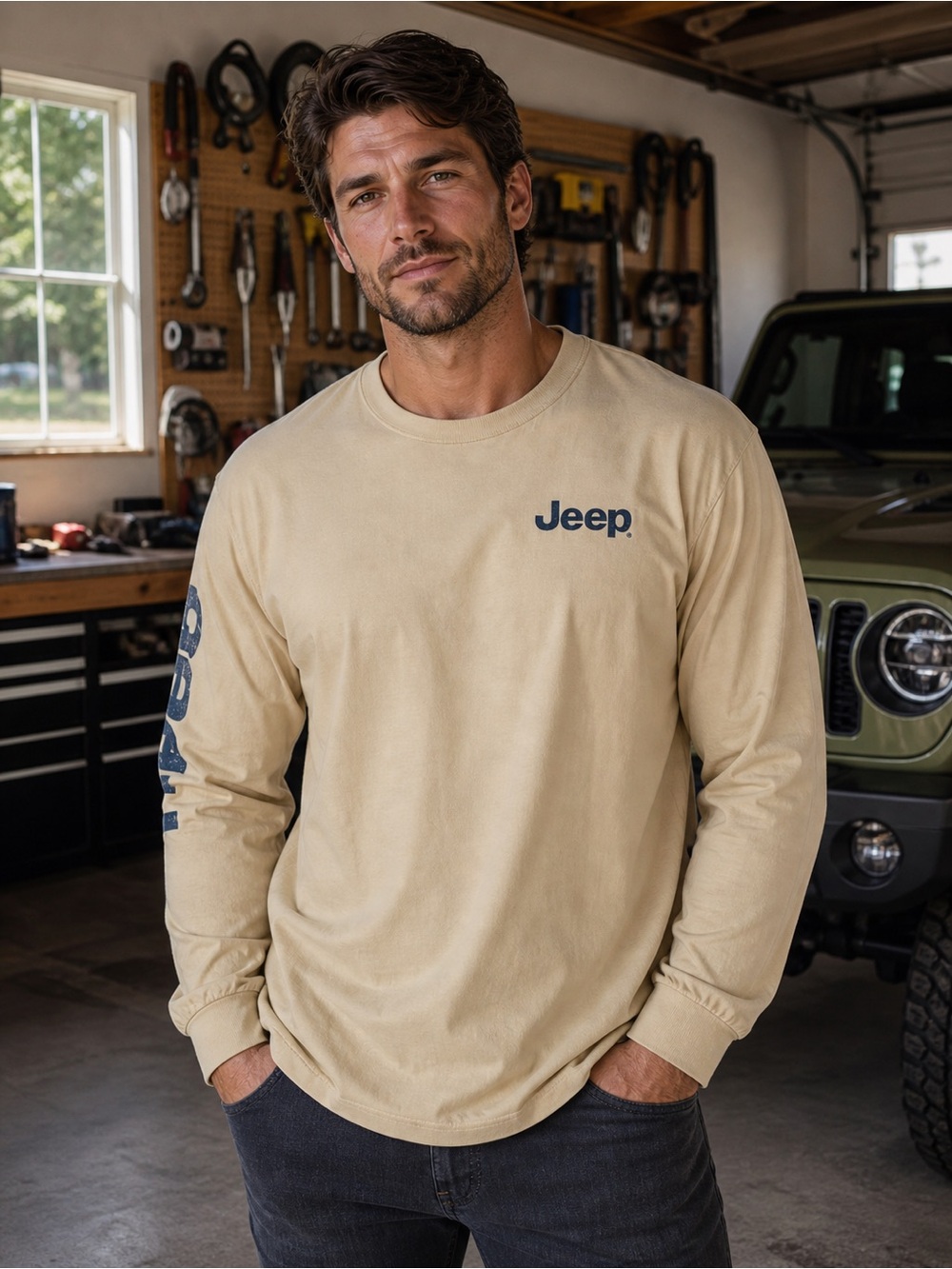 Jeep Long Sleeve Graphic Tee Paw Print Off Road Tan Large